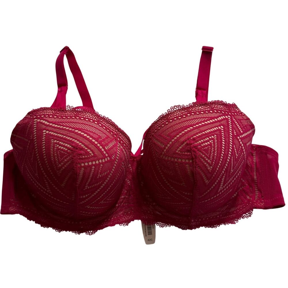 Adore Me Balconette Bra Womens 42C Red Lace Stretch Underwire Undergarments NEW